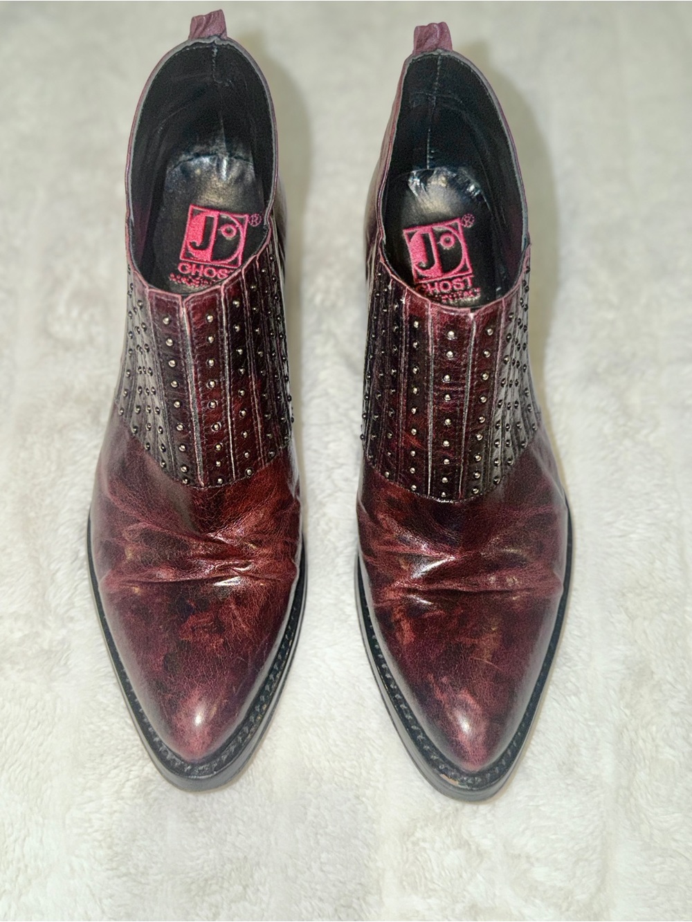 Jo Ghost Studded Ankle Boots. Made in Italy. Burgundy leather. Women’s EU 38.